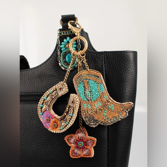 Mary Frances Accessories - Mary Frances Beaded Turquoise & Gold Cowboy Boot Keychain Charm